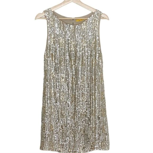Sz 6 Alice+Olivia Glam A Line Dress Size 6 Champage Silver Sparkle A Line Dress - Picture 2 of 16